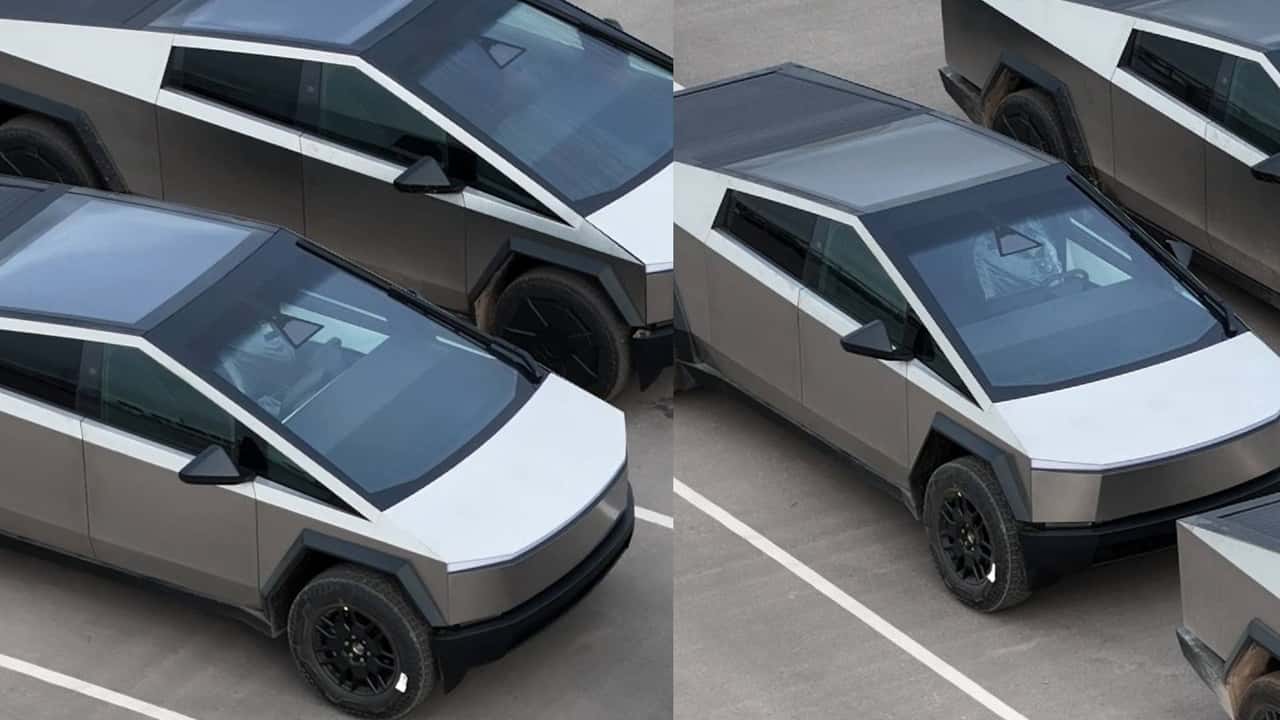 Tesla Cybertruck with white interior trim spotted at Gigafactory Texas (Source: Joe Tegtmeyer / YouTube)